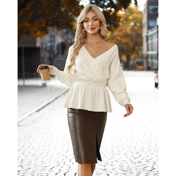 Womens Dressy Knit Peplum Sweater Long Sleeve Fall Wrap V Neck Pullover Tops - Picture 5 of 7